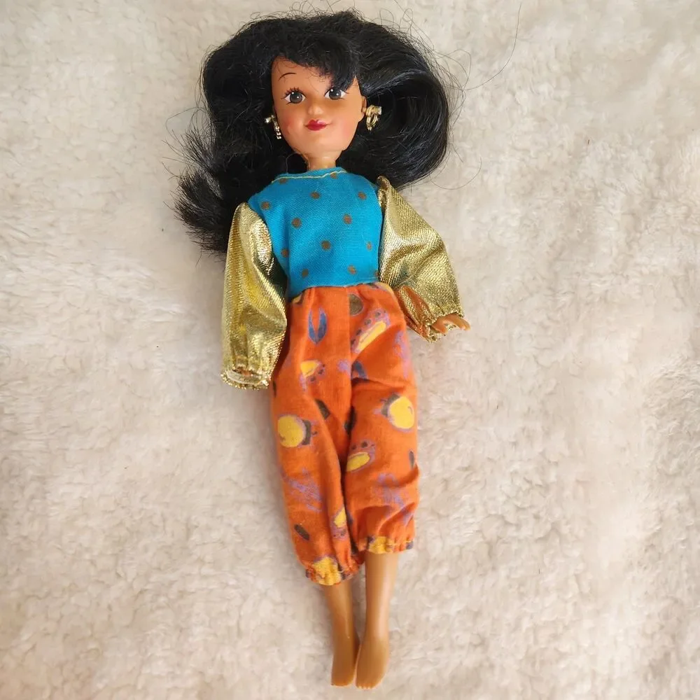 Vtg 1990 Kid Kore 8'' Girl Doll with Long Black Hair Colorful Clothes & Earrings